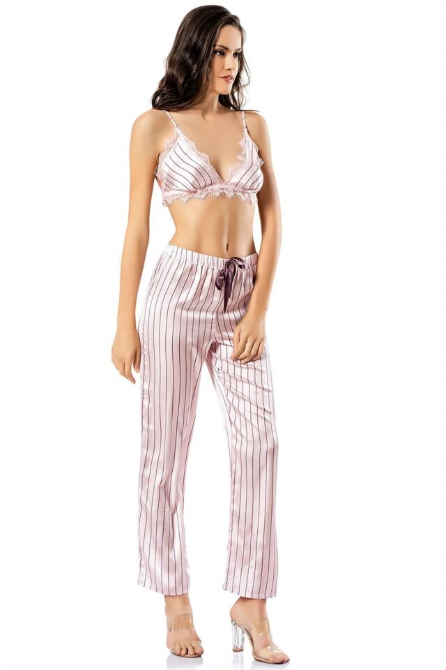 Aria's Closet Çizgili Büstiyerli Pembe Üçlü Saten Gecelik Pijama Takımı