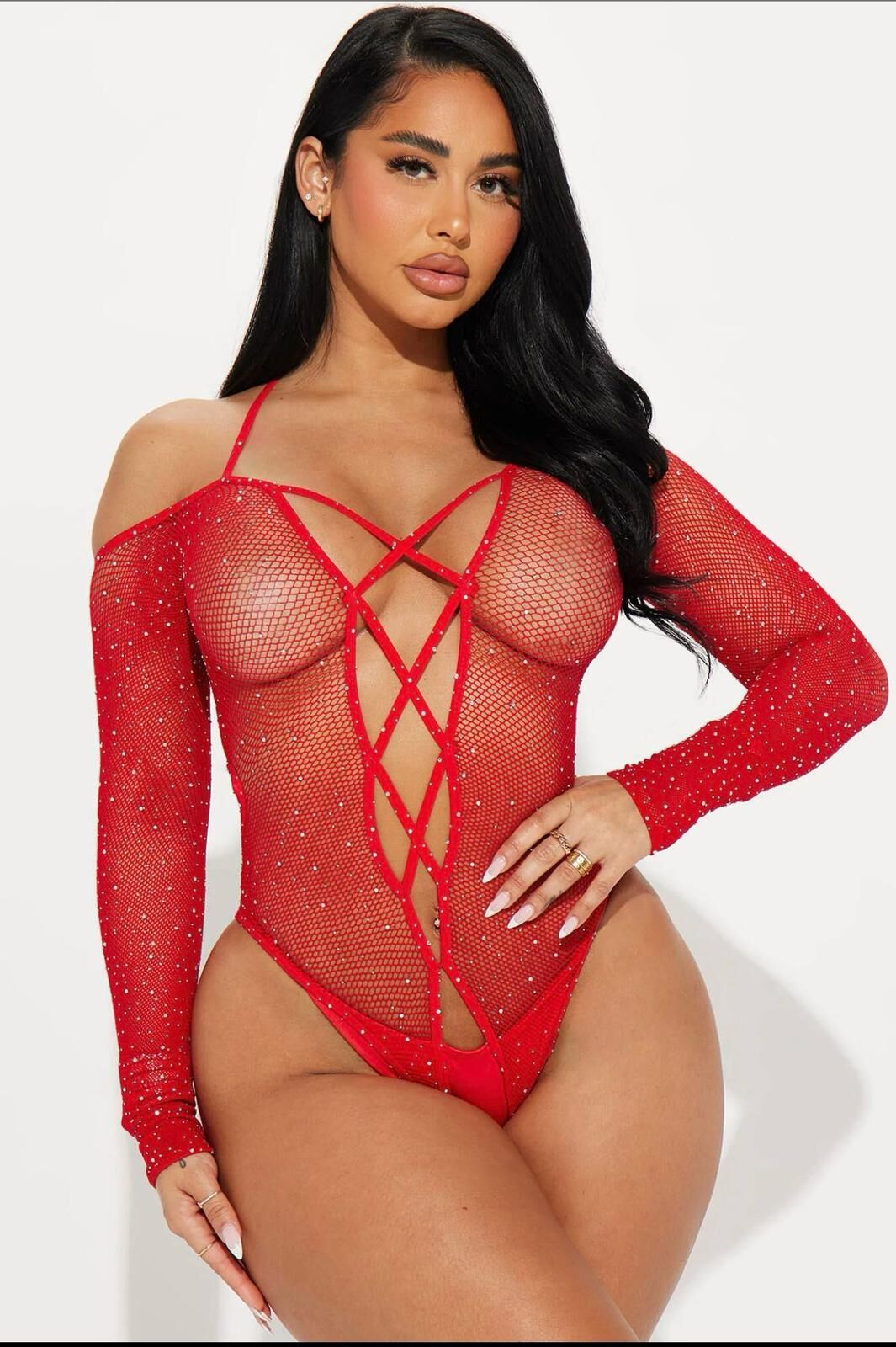 Aria's Closet Özel Tasarım Kırmızı Taşlı Fantezi Vücut Çorabı