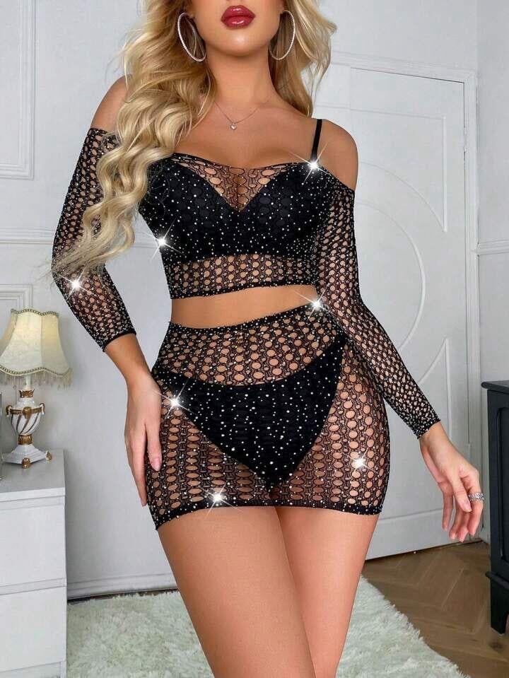 Aria's Closet Özel Tasarım Siyah Taşlı Fantezi Vücut Çorabı