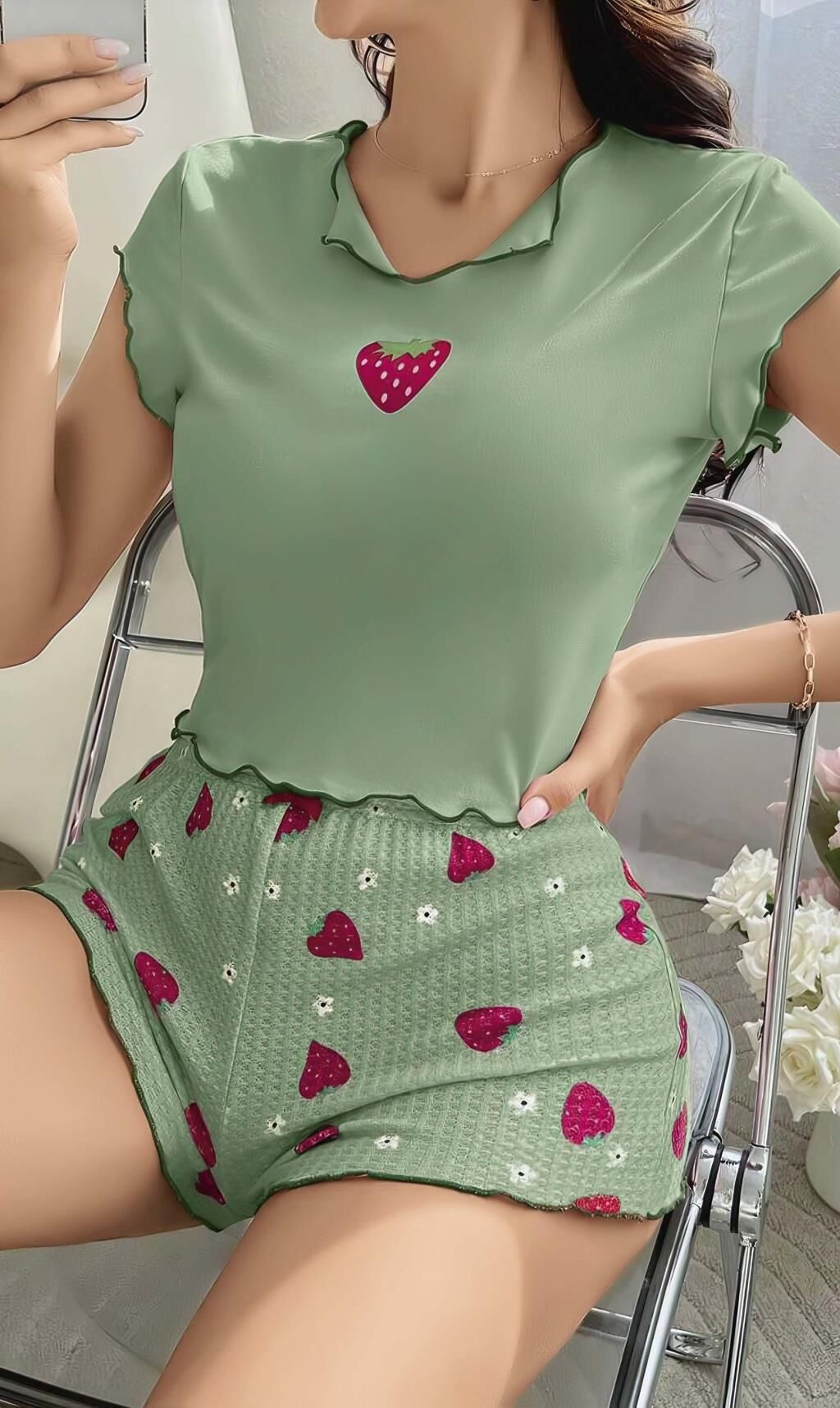 Aria's Closet Yeşil Çilek Desenli Askılı Şortlu Pijama Takım