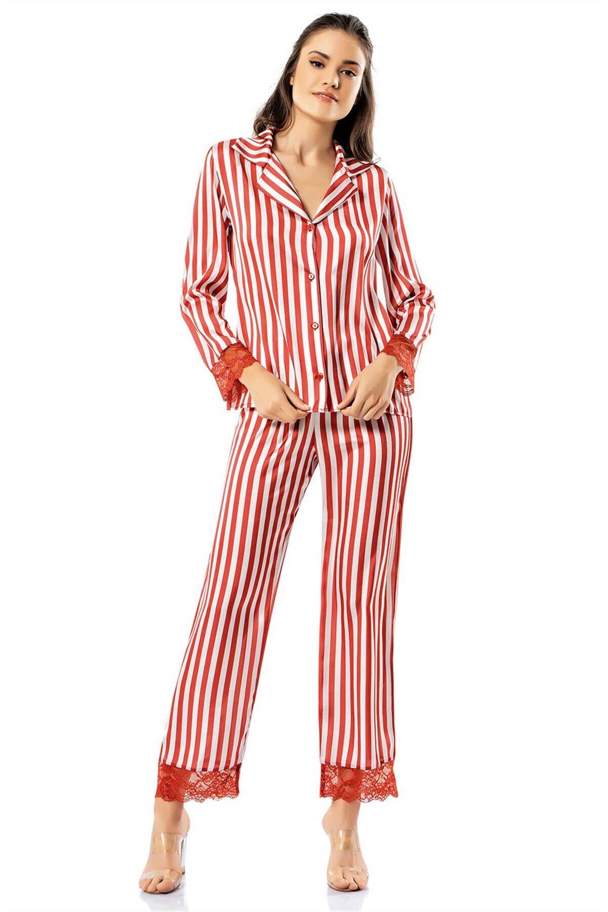Aria's Closet Çizgili Kiremit İkili Saten Gecelik Pijama Takımı