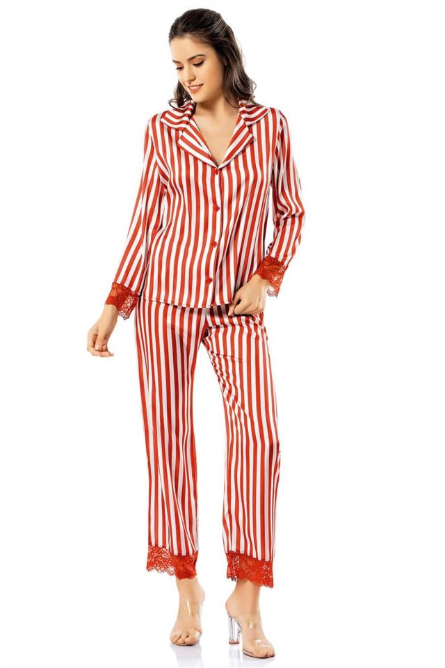 Aria's Closet Çizgili Kiremit İkili Saten Gecelik Pijama Takımı