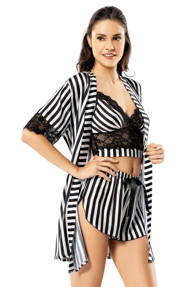 Aria's Closet Çizgili Büstiyerli Siyah Üçlü Saten Babydol Şort Takımı