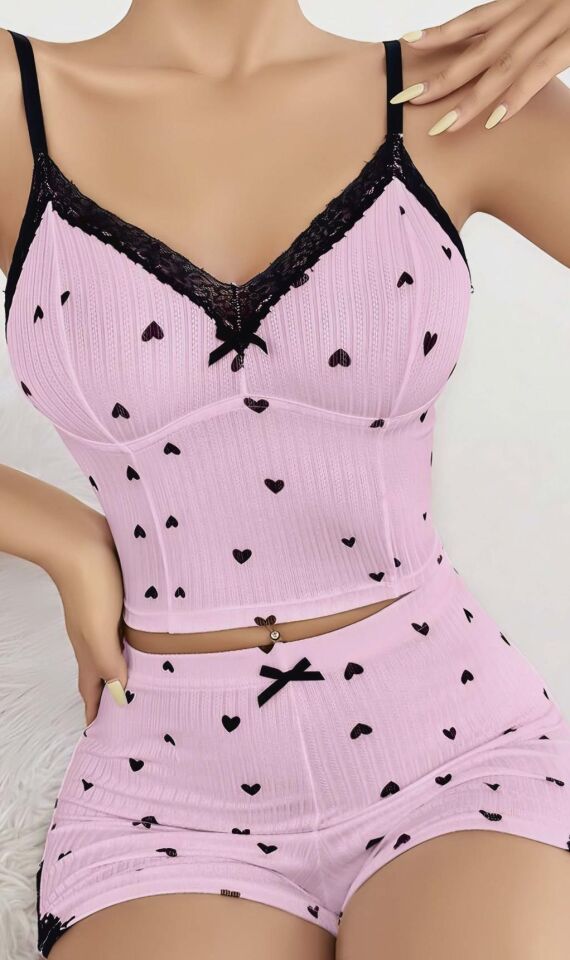 Aria's Closet Pembe Kalp Desenli Askılı Şortlu Pijama Takım
