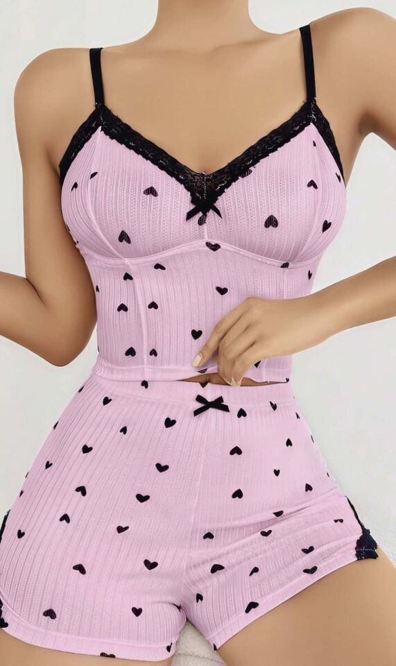Aria's Closet Pembe Kalp Desenli Askılı Şortlu Pijama Takım