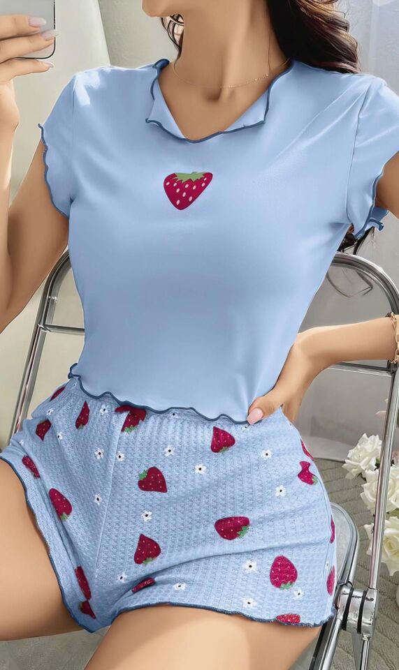 Aria's Closet Çilek Desenli Mavi Seksi Pijama Takım