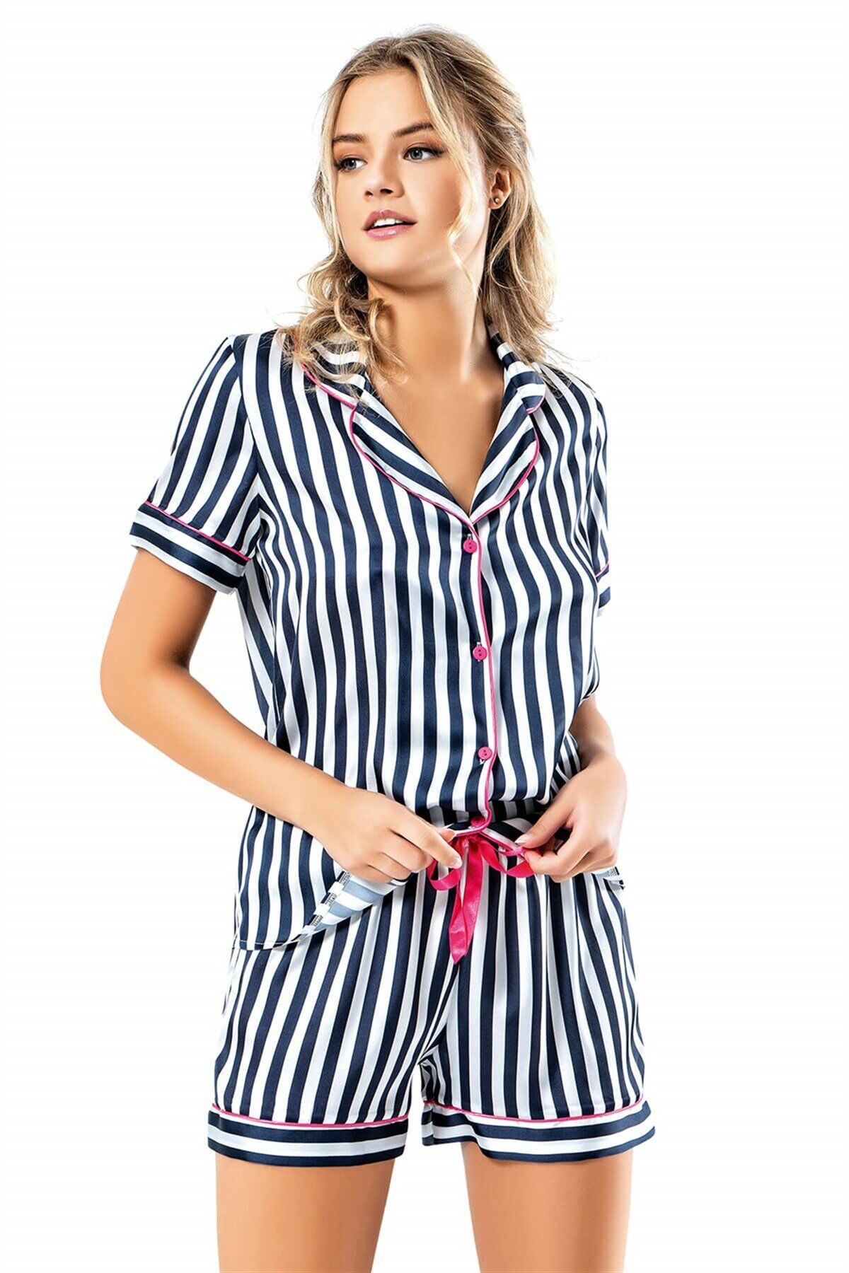 Aria's Closet Çizgili Lacivert Saten Babydoll Şort Takımı