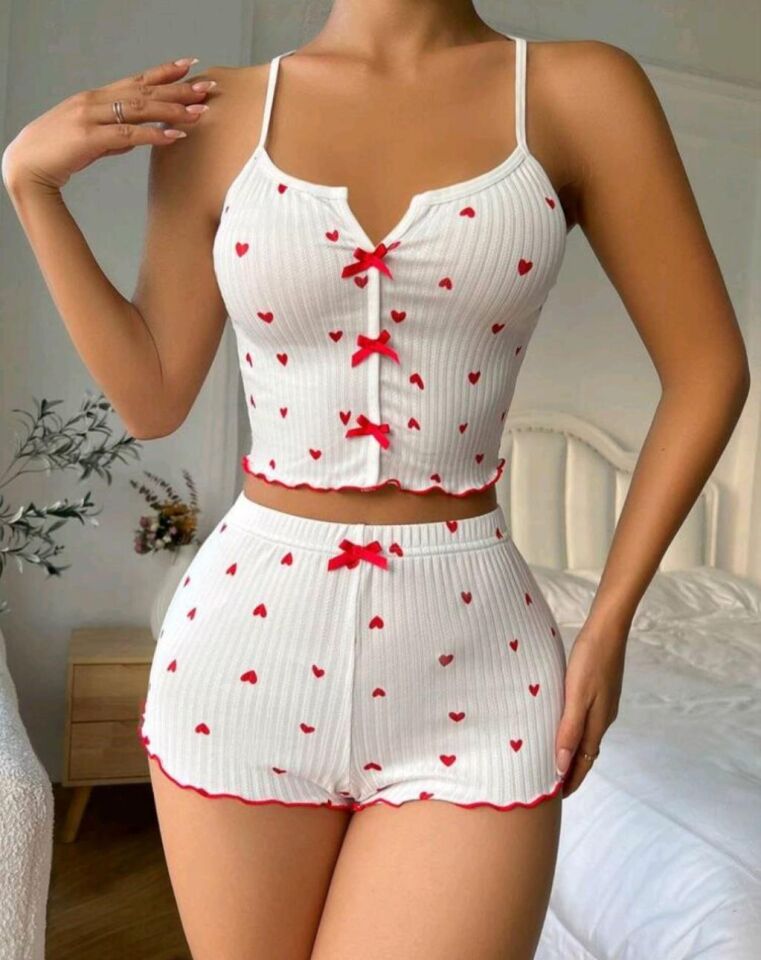 Aria's Closet Beyaz Fiyonk Desenli Kalpli Askılı Şortlu Pijama Takım