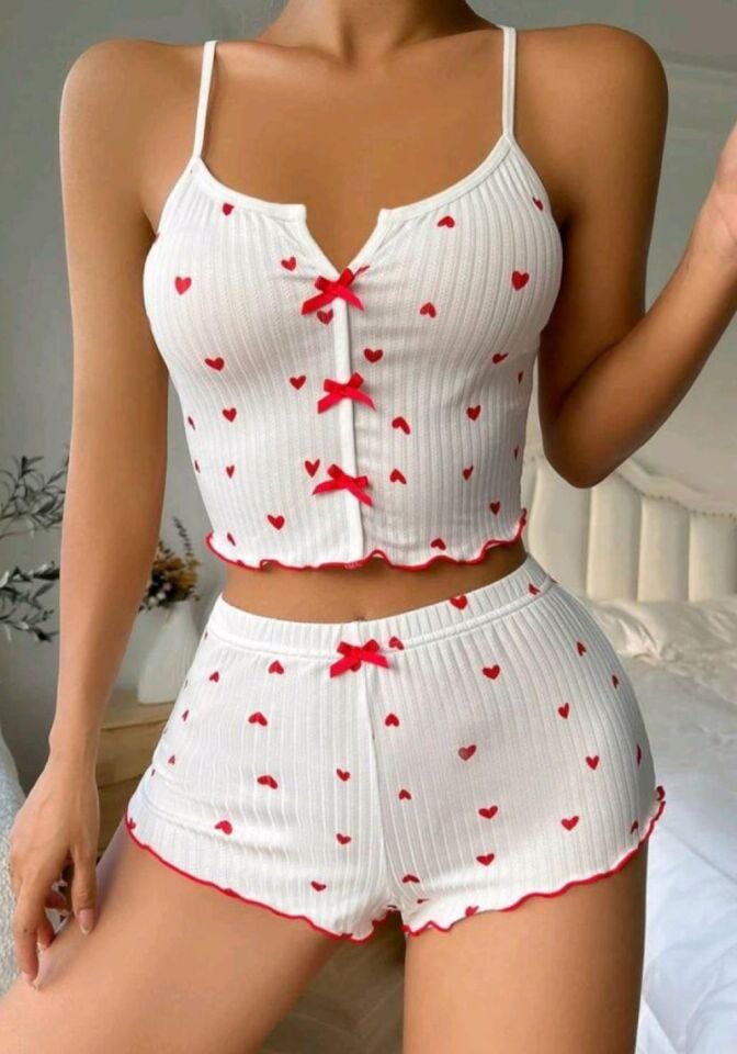 Aria's Closet Beyaz Fiyonk Desenli Kalpli Askılı Şortlu Pijama Takım