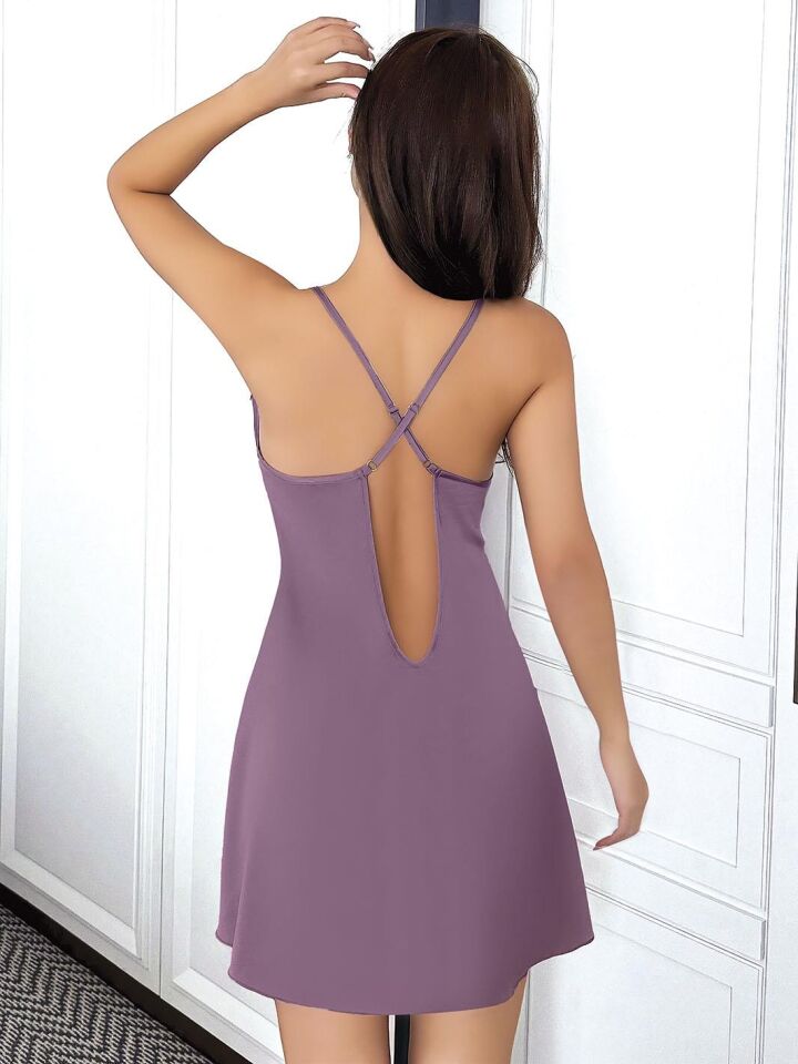 Aria's Closet Dantel İşlemeli Tül Transparan Lila Gecelik