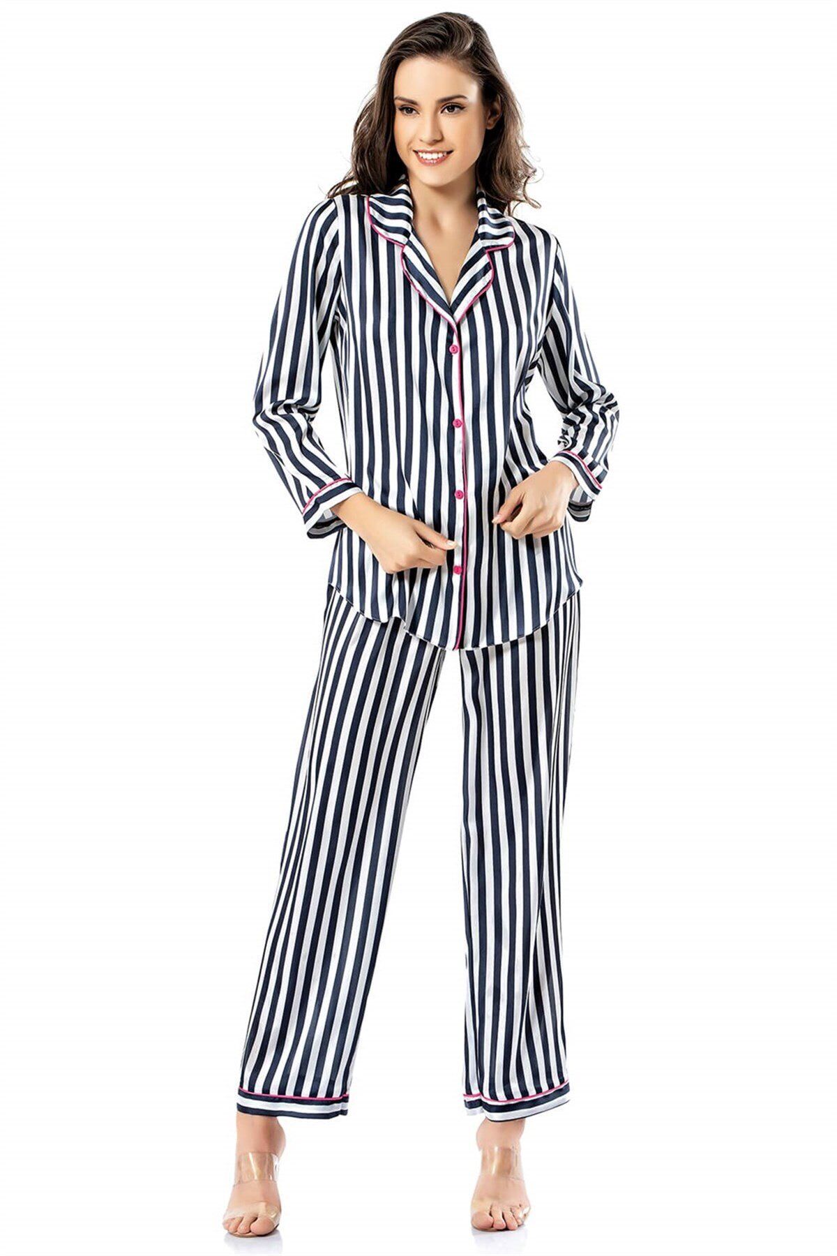 Aria's Closet Çizgili Lacivert İkili Saten Gecelik Pijama Takımı