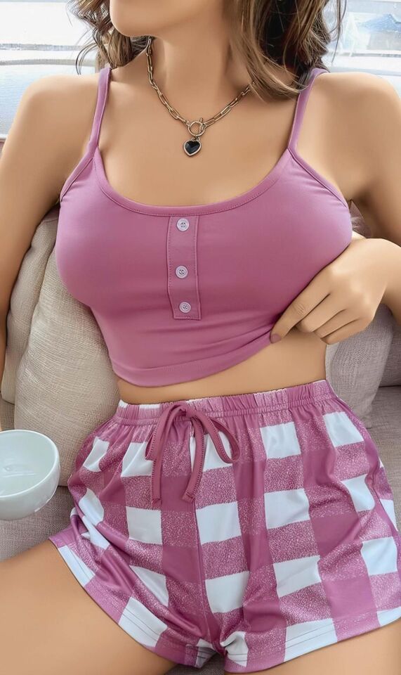 Aria's Closet Pembe Kareli Desenli Askılı Şortlu Pijama Takım