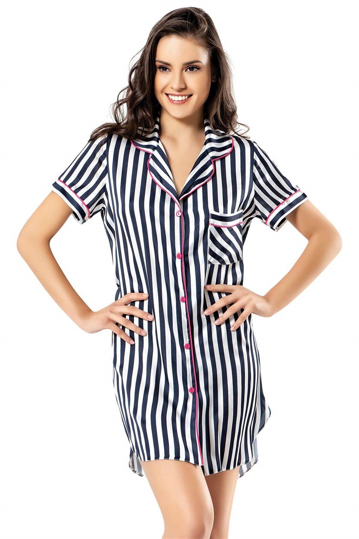 Aria's Closet Çizgili Lacivert Kısa Saten Gömlek Gecelik