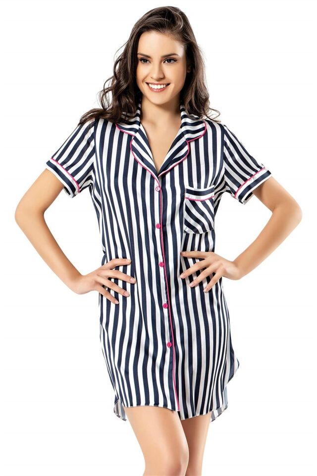 Aria's Closet Çizgili Lacivert Kısa Saten Gömlek Gecelik
