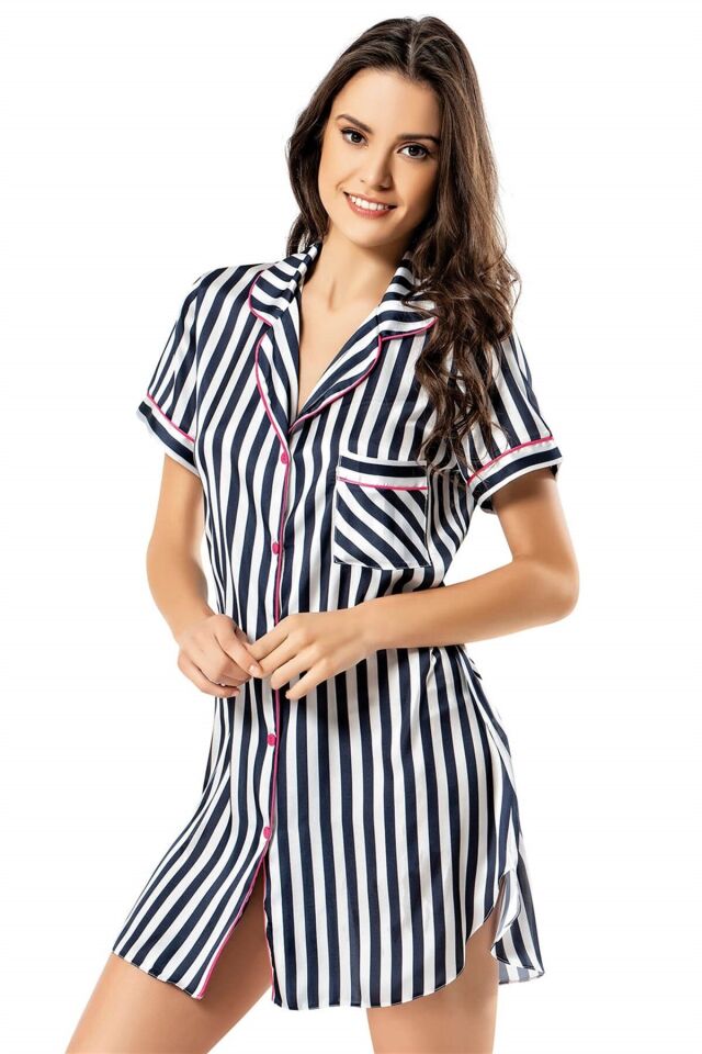 Aria's Closet Çizgili Lacivert Kısa Saten Gömlek Gecelik