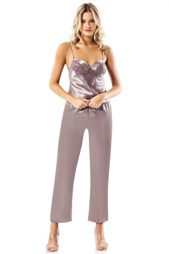 Aria's Closet Desenli Lila Üçlü Saten Gecelik Pijama Takımı
