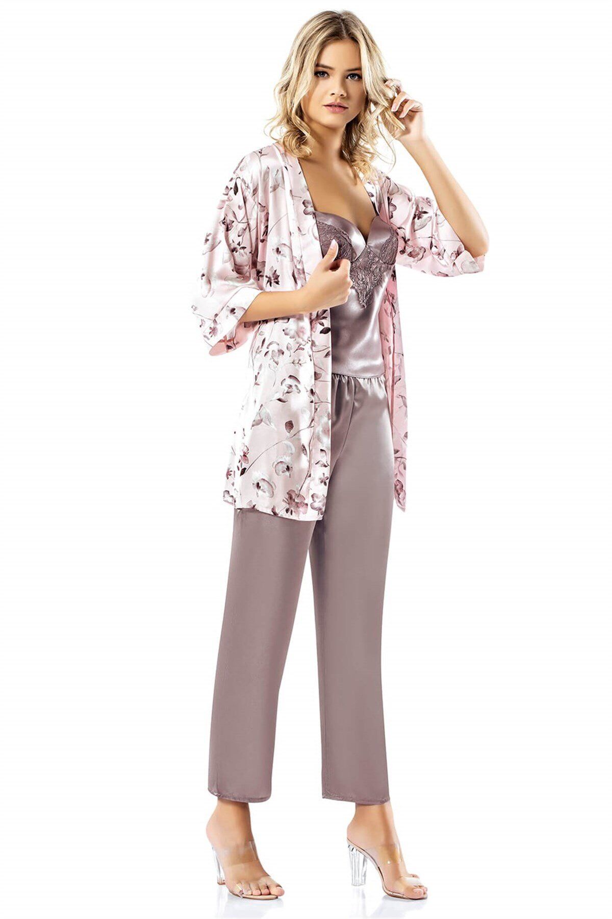 Aria's Closet Desenli Lila Üçlü Saten Gecelik Pijama Takımı