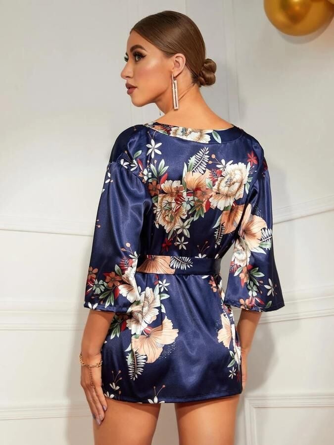 Aria's Closet Çiçek Desenli Mavi Mini Saten Gecelik Sabahlık