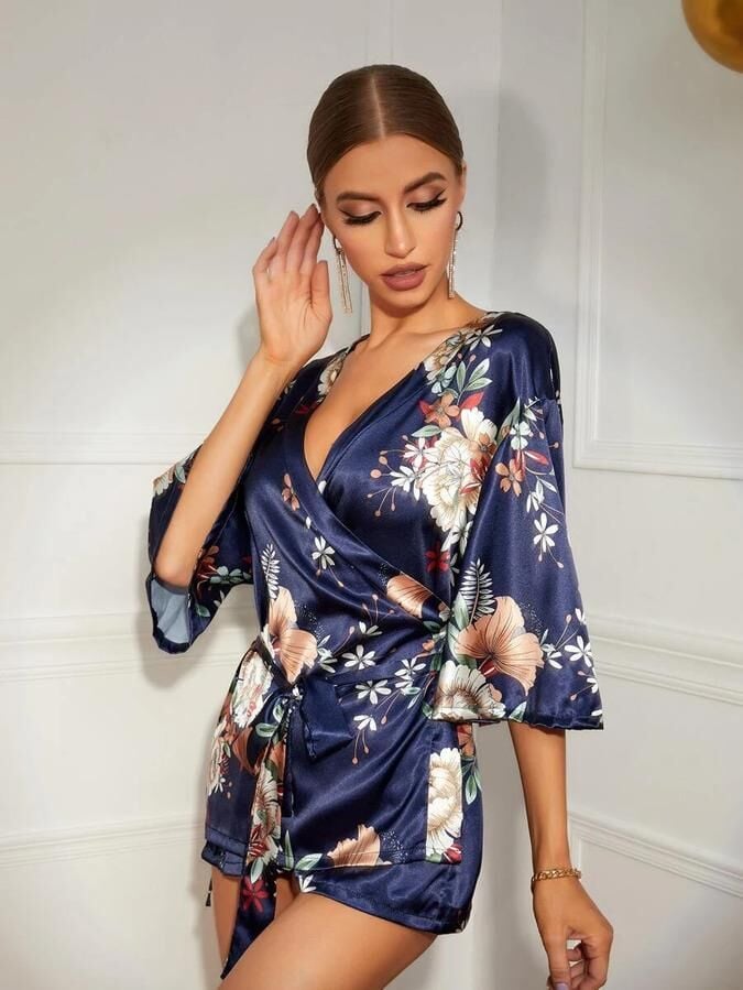 Aria's Closet Çiçek Desenli Mavi Mini Saten Gecelik Sabahlık