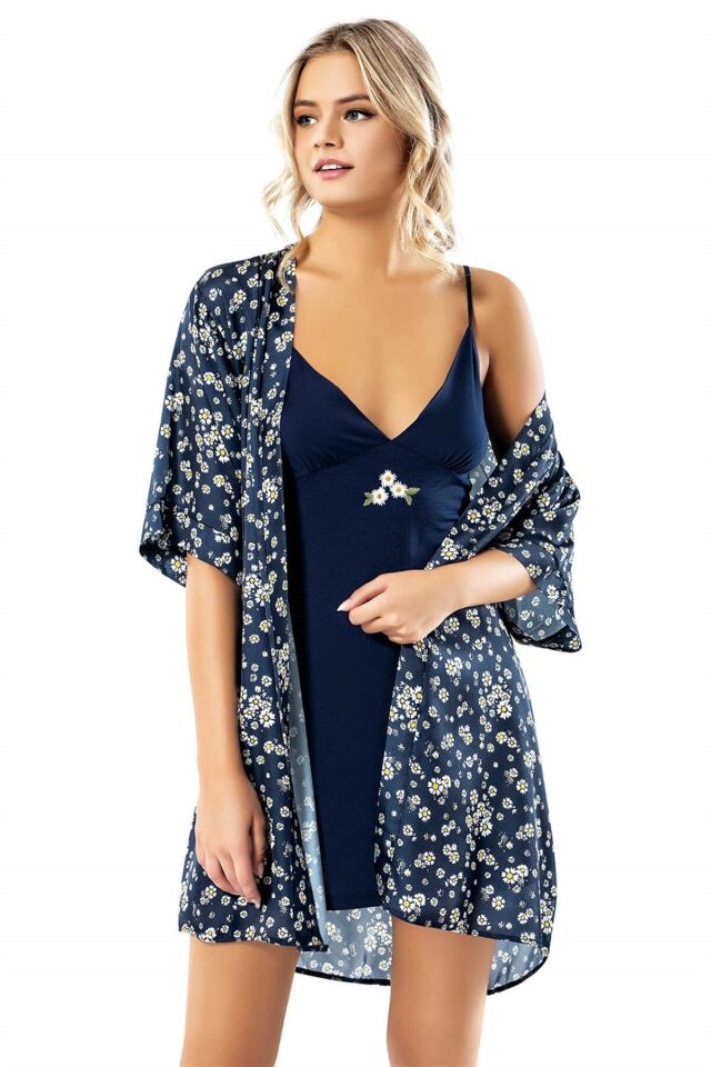 Aria's Closet Papatya Desenli Lacivert Penye Sabahlık Gecelik Takımı