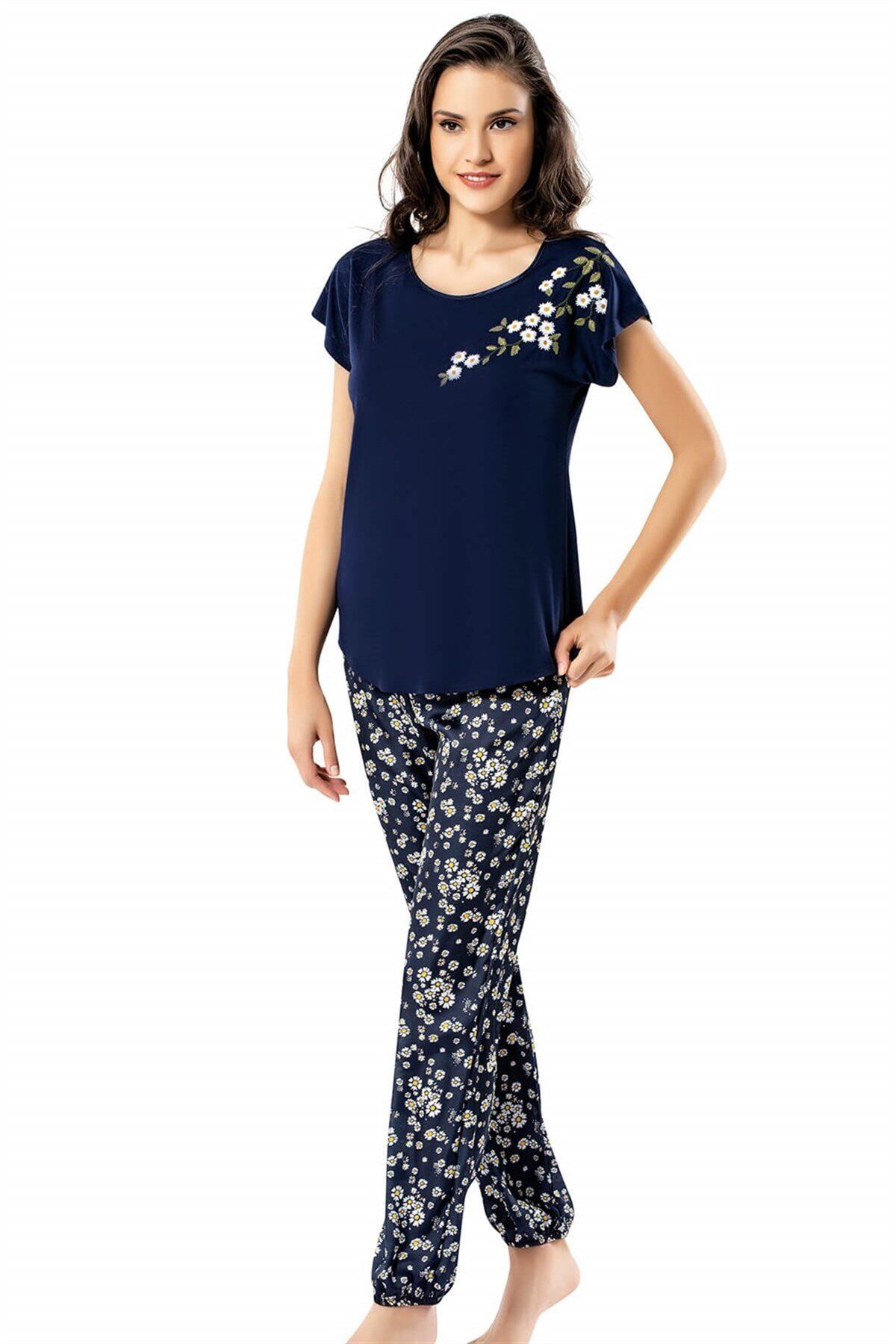 Aria's Closet Papatya Desenli Lacivert İkili Penye Gecelik Pijama Takımı