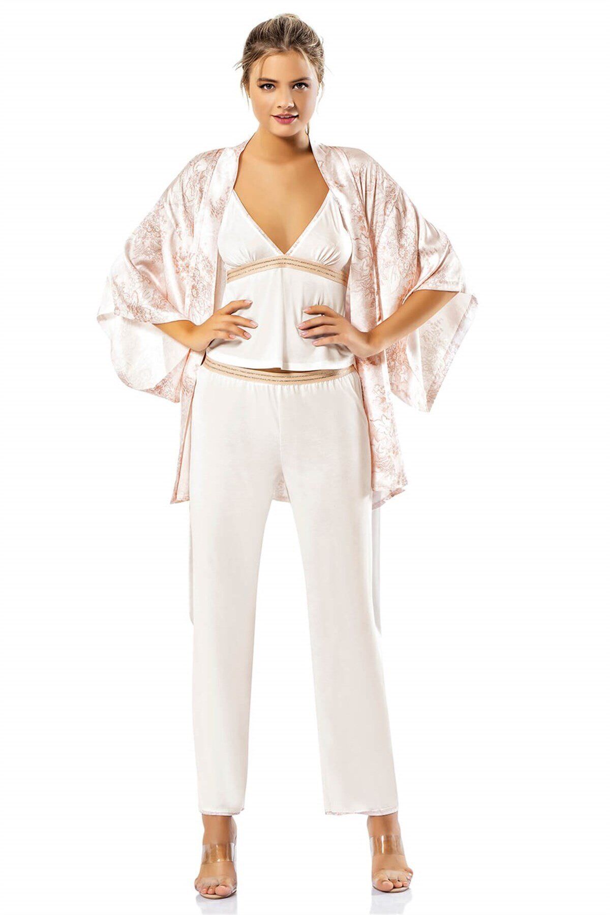 Aria's Closet Desenli Ekru Üçlü Penye Saten Gecelik Pijama Takımı