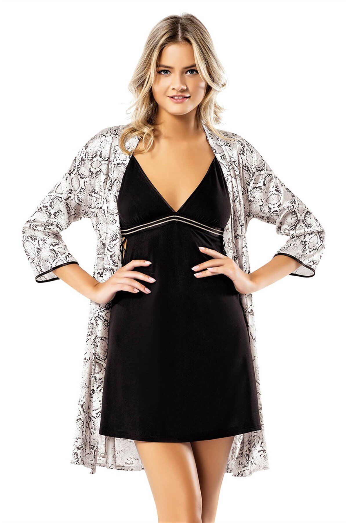 Aria's Closet Desenli Penye Saten Sabahlık Gecelik Takımı