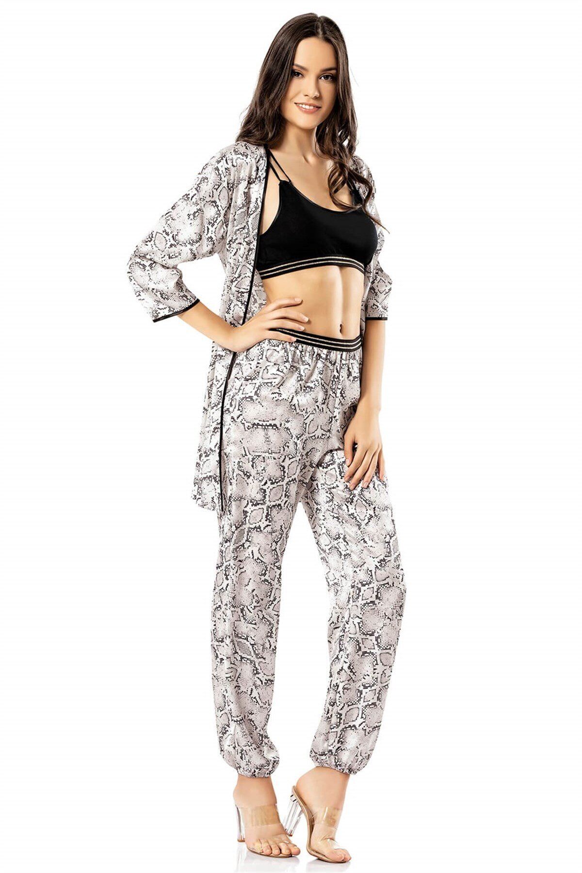 Aria's Closet Desenli Üçlü Saten Gecelik Pijama Takımı