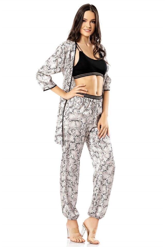 Aria's Closet Desenli Üçlü Saten Gecelik Pijama Takımı
