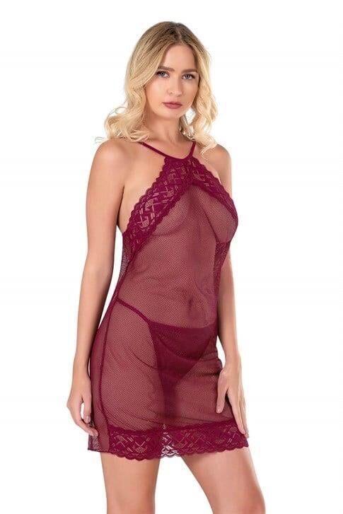 Aria's Closet Bordo Kısa File-Tül Gecelik 8132