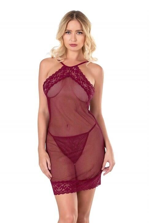 Aria's Closet Bordo Kısa File-Tül Gecelik 8132