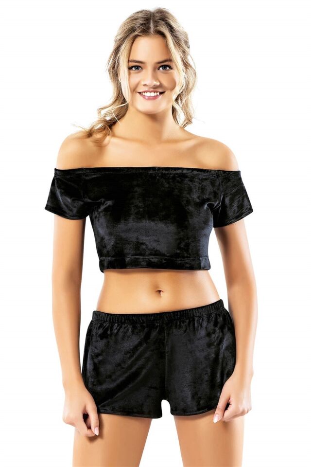 Aria's Closet Siyah Büstiyerli Kadife Babydoll Şort Takımı