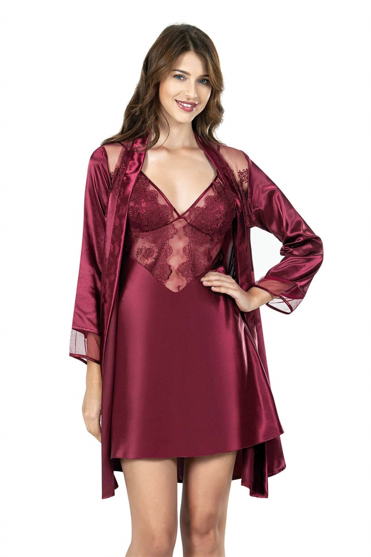 Aria's Closet Bordo Kısa İkili Saten Sabahlık Gecelik Takımı