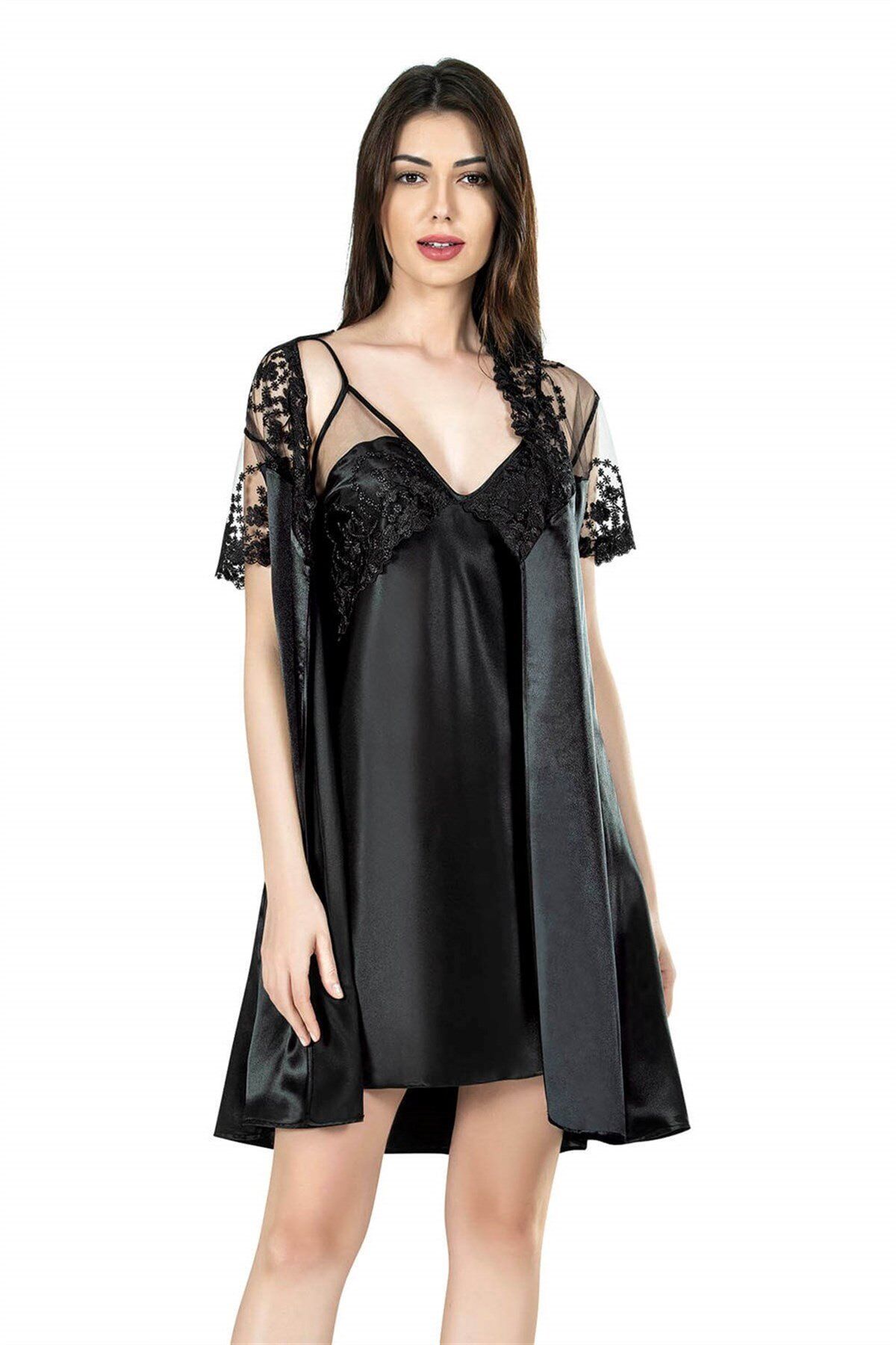 Aria's Closet Siyah Kısa İkili Saten Sabahlık Gecelik Takımı