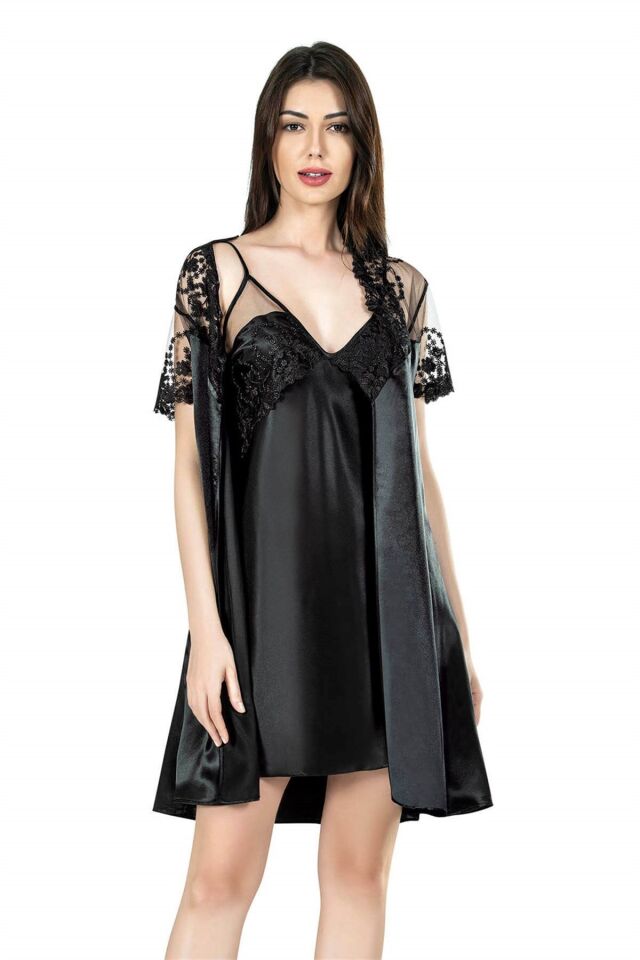 Aria's Closet Siyah Kısa İkili Saten Sabahlık Gecelik Takımı