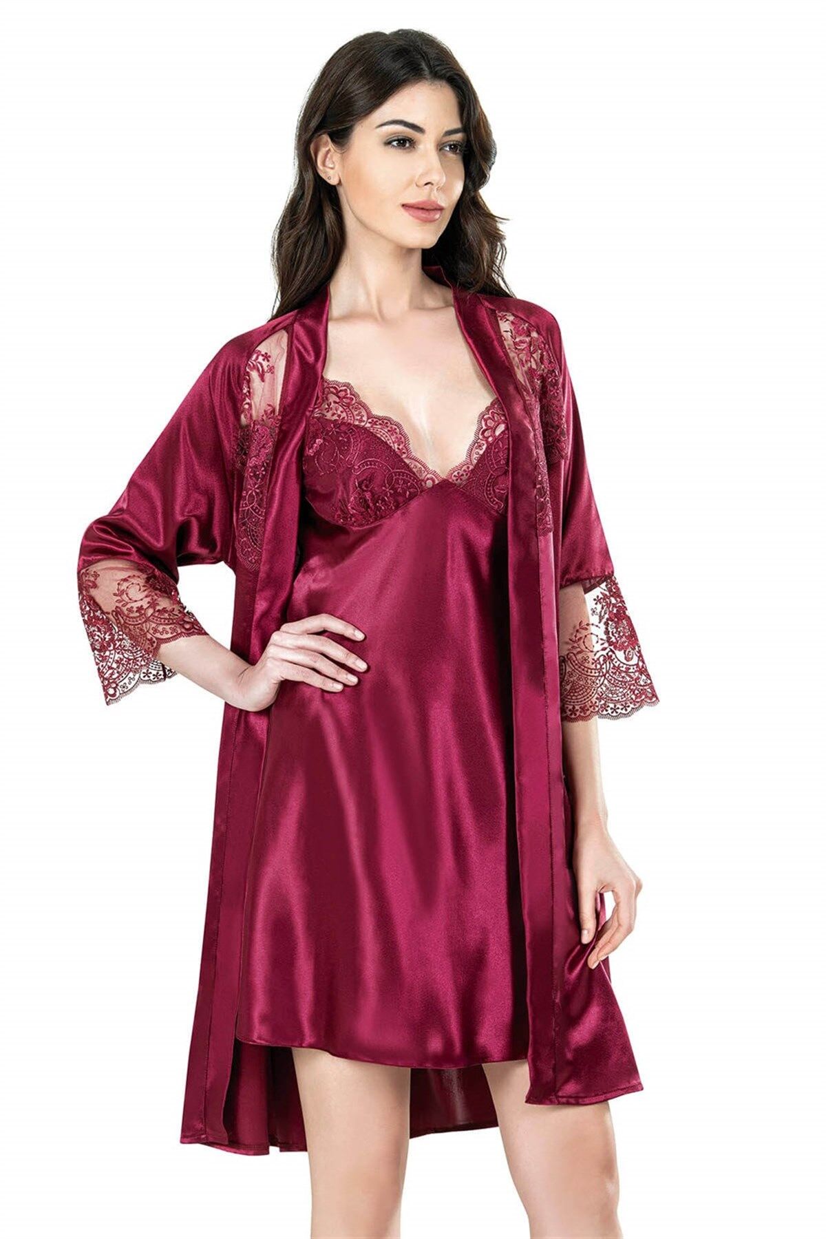 Aria's Closet Bordo Kısa İkili Saten Sabahlık Gecelik Takımı
