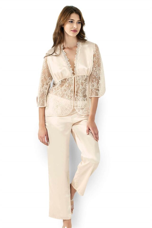 Aria's Closet Fildişi İkili Saten Gecelik Pijama Takımı 7649