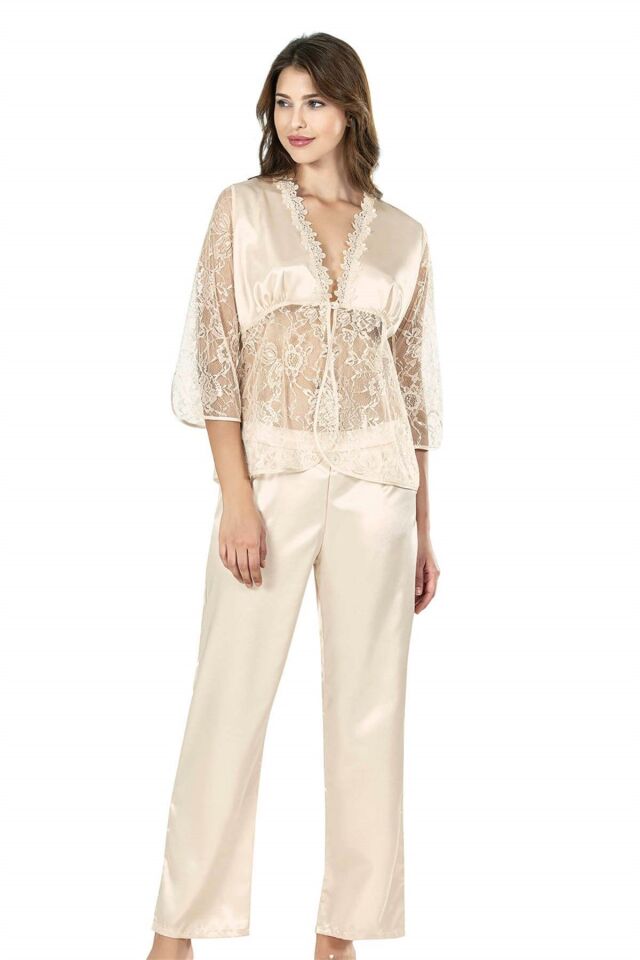 Aria's Closet Fildişi İkili Saten Gecelik Pijama Takımı 7649