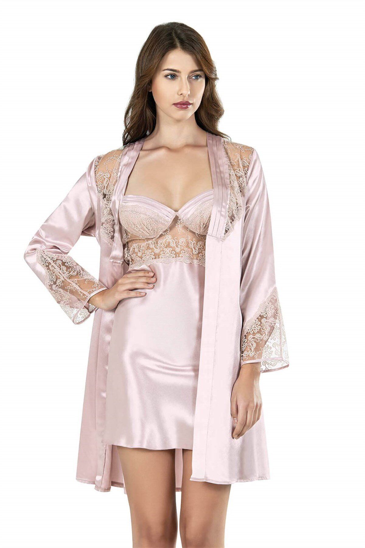 Aria's Closet Pudra Kısa İkili Saten Sabahlık Gecelik Takımı