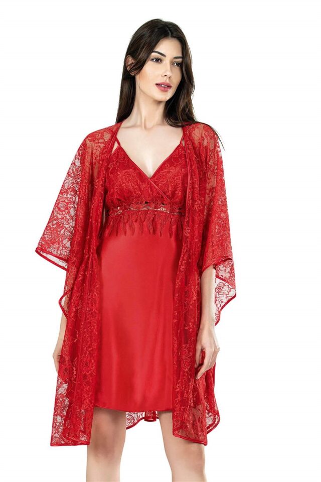 Aria's Closet Kırmızı Kısa İkili Saten Sabahlık Gecelik Takımı