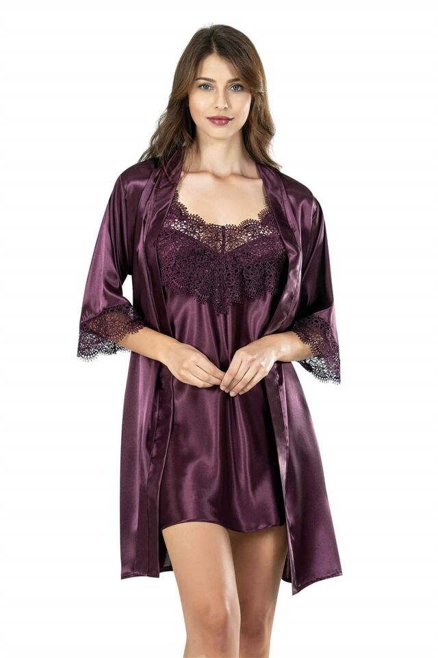 Aria's Closet Mürdüm Kısa İkili Saten Sabahlık Gecelik Takımı