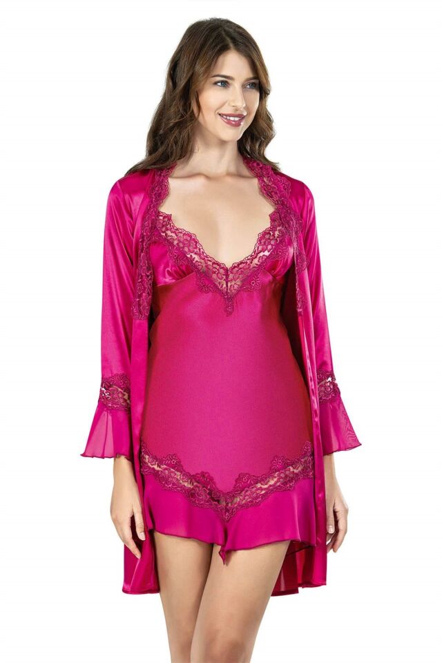 Aria's Closet Vişne Kısa İkili Saten Sabahlık Gecelik Takımı