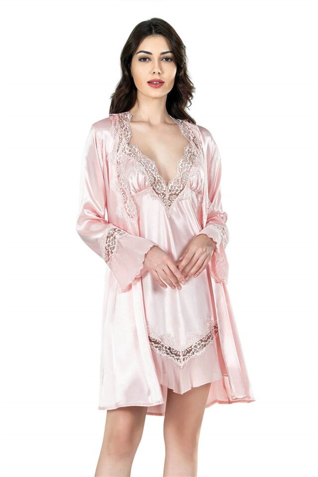 Aria's Closet Somon Kısa İkili Saten Sabahlık Gecelik Takımı