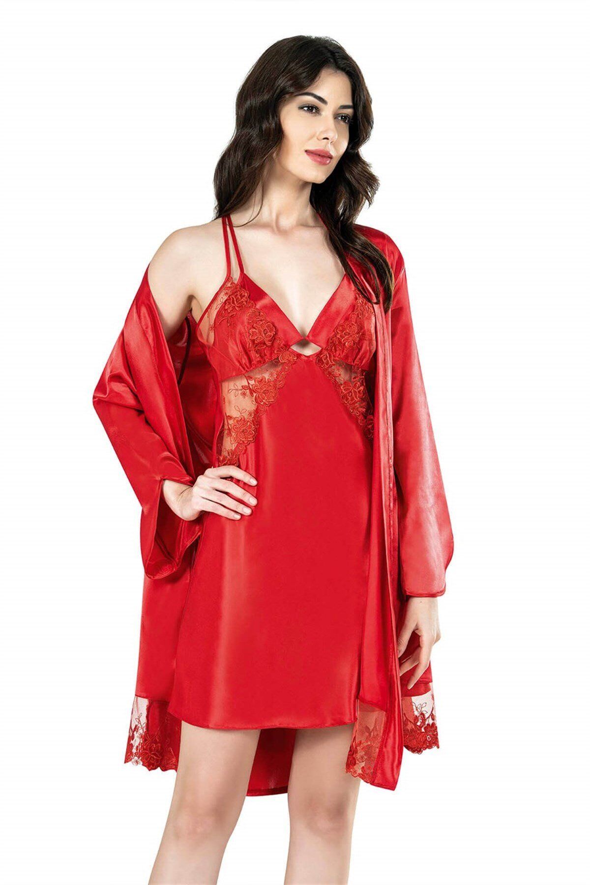 Aria's Closet Kırmızı Kısa İkili Saten Sabahlık Gecelik Takımı