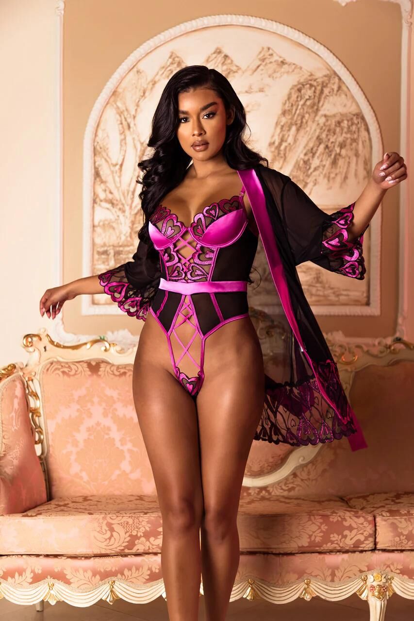 Aria's Closet Fuşya Dantel İşlemeli Kalp Desenli Fantezi Gecelik Body Takımı