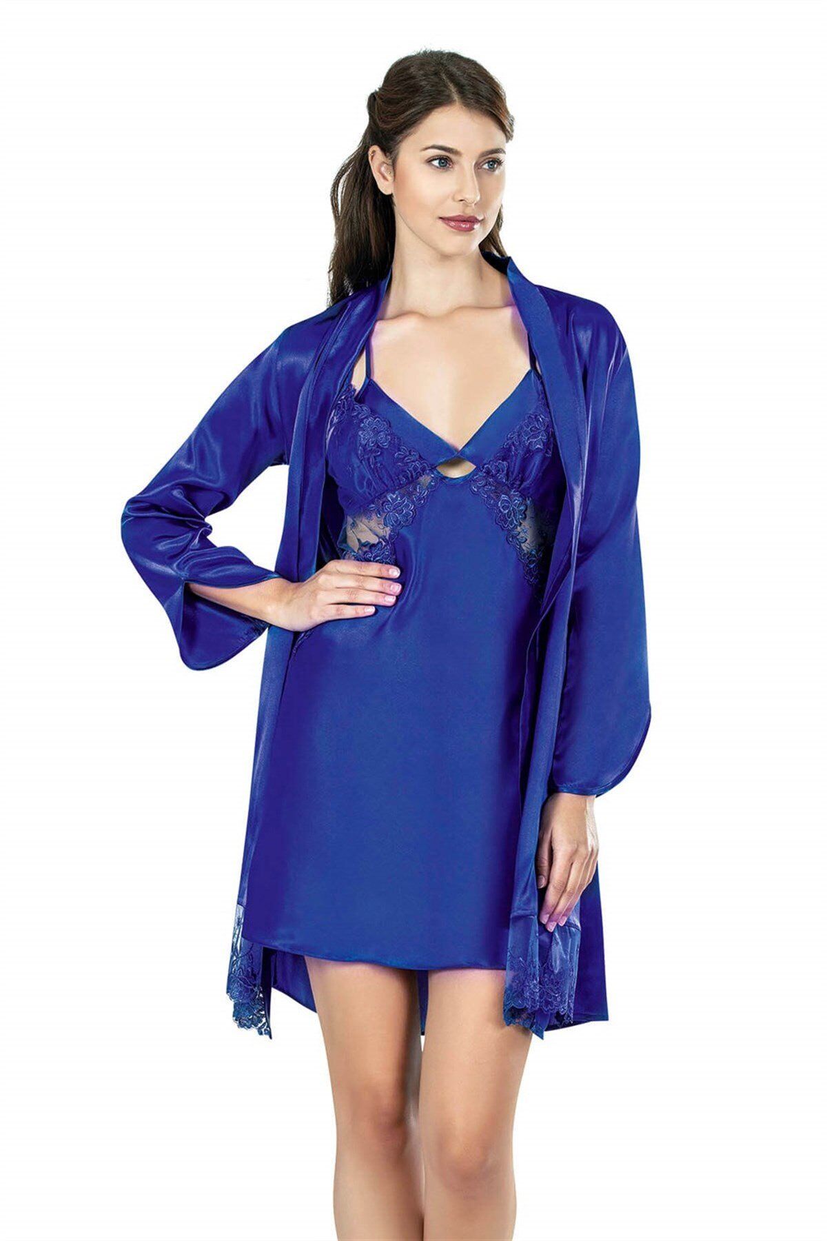 Aria's Closet Saks Kısa İkili Saten Sabahlık Gecelik Takımı