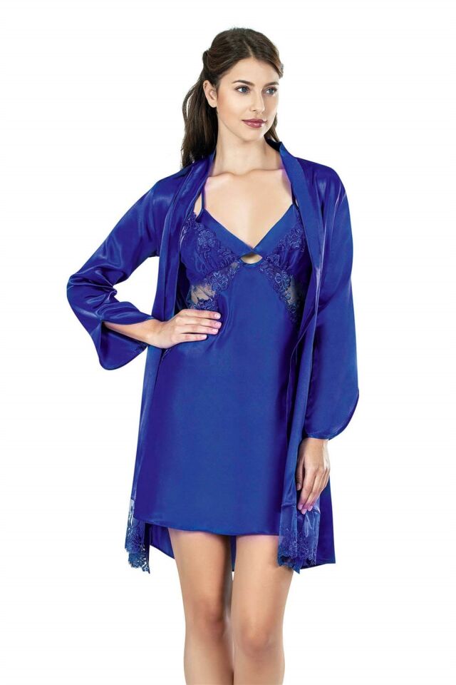 Aria's Closet Saks Kısa İkili Saten Sabahlık Gecelik Takımı