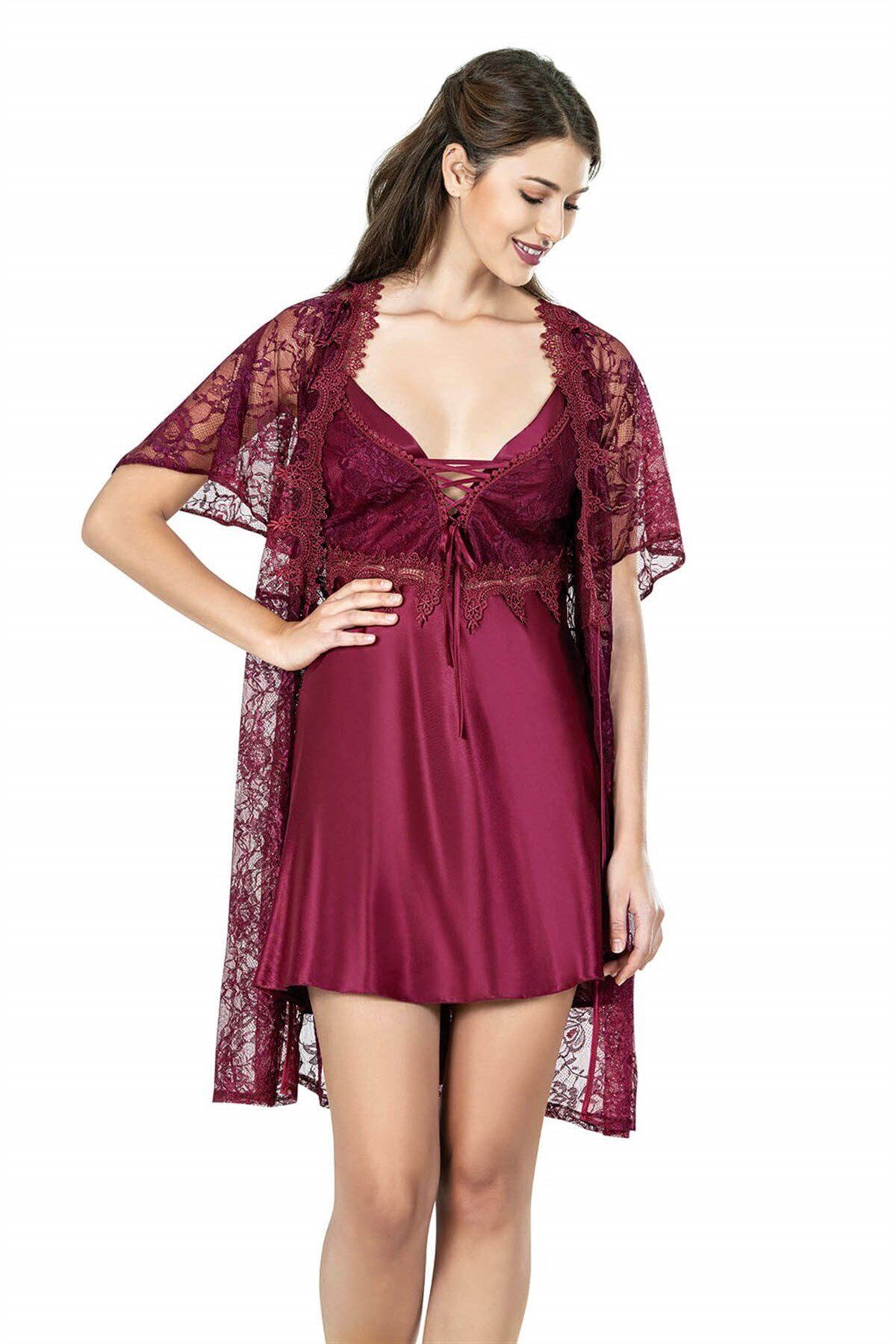 Aria's Closet Bordo Kısa İkili Saten Sabahlık Gecelik Takımı