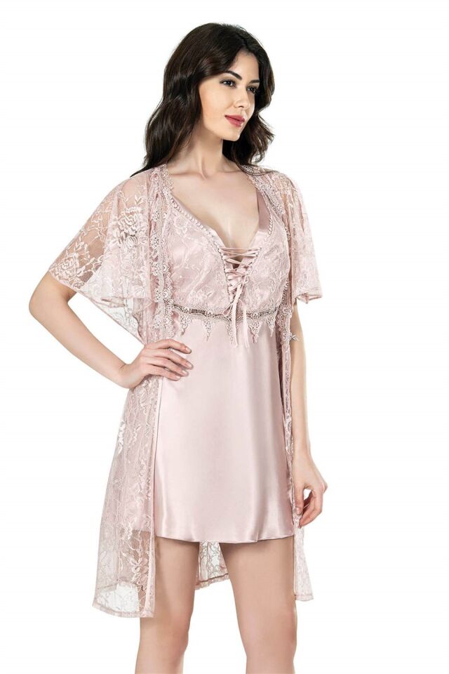 Aria's Closet Pudra Kısa İkili Saten Sabahlık Gecelik Takımı