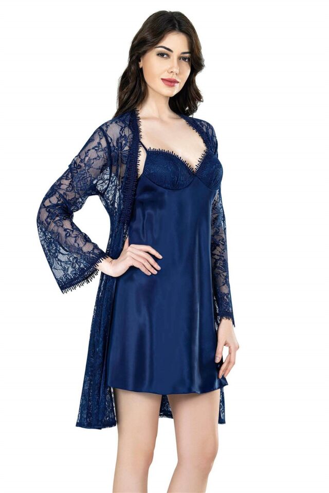 Aria's Closet Lacivert Kısa İkili Saten Sabahlık Gecelik Takımı